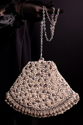 Silver Suede Hand Embroidered Bag by Clutch'D