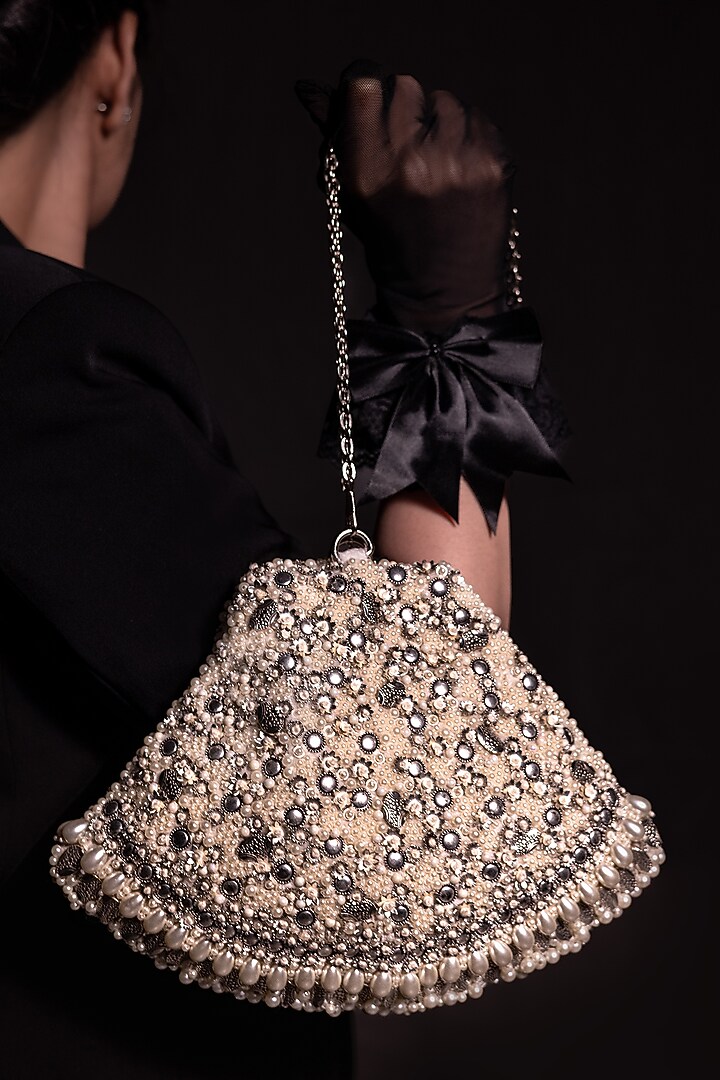 Silver Suede Hand Embroidered Bag by Clutch'D at Pernia's Pop Up Shop