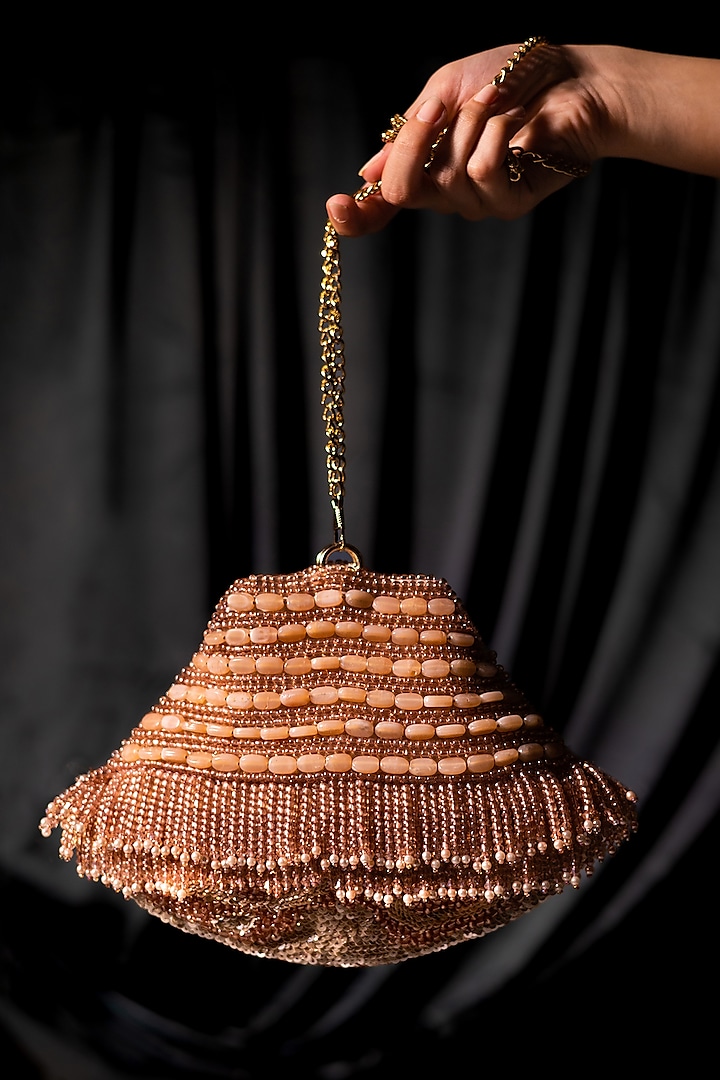 Rose Gold Suede Hand Embroidered Bag by Clutch'D