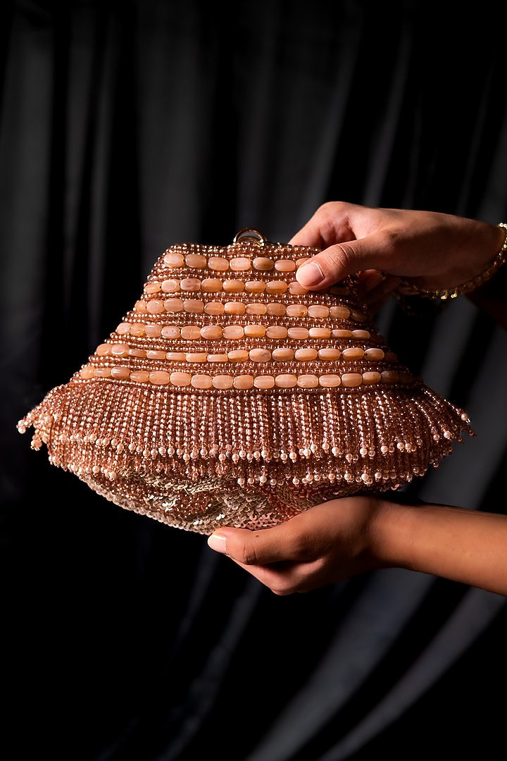 Rose Gold Suede Hand Embroidered Bag by Clutch'D at Pernia's Pop Up Shop