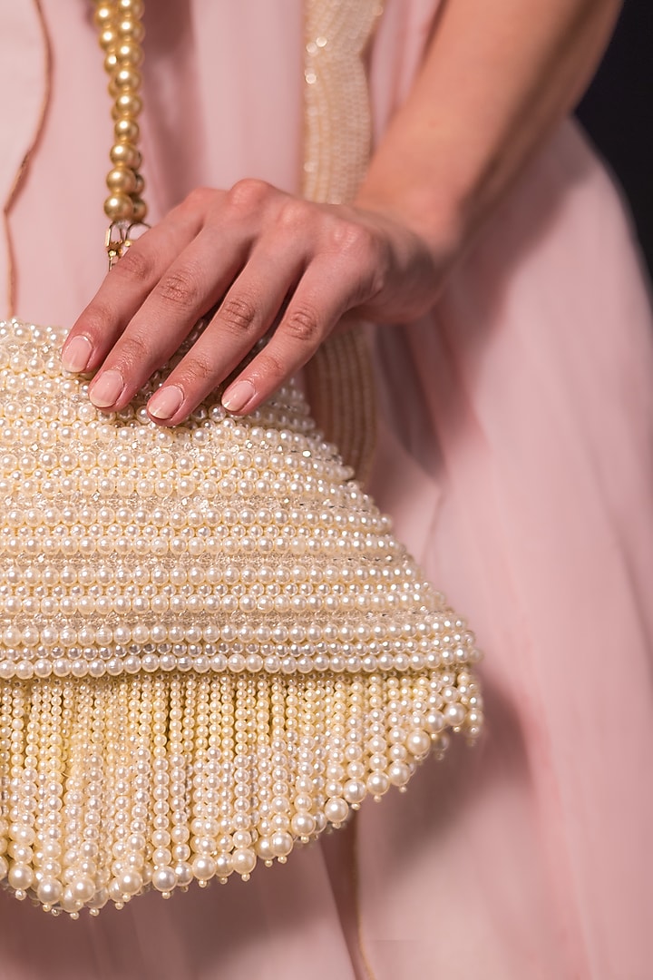 White Suede Hand Embroidered Bag by Clutch'D at Pernia's Pop Up Shop