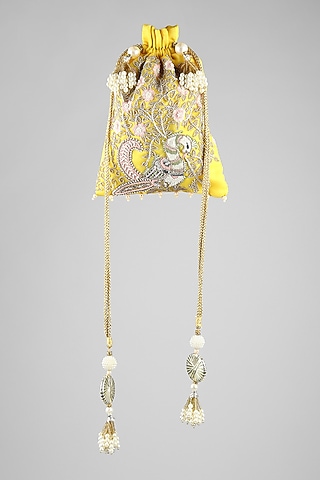 Yellow Hand Embroidered Potli by Clutch'D