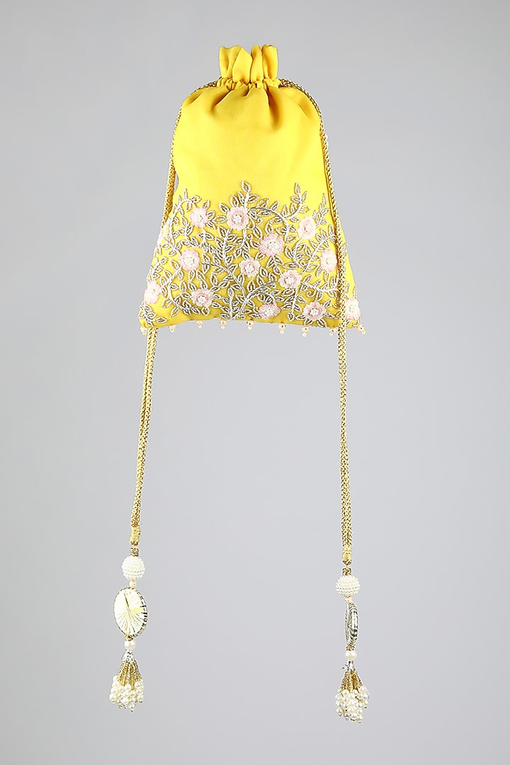 Yellow Hand Embroidered Potli by Clutch'D at Pernia's Pop Up Shop