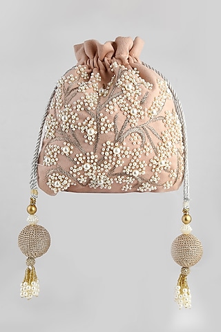 Peach Embroidered Velvet Potli by Clutch'D