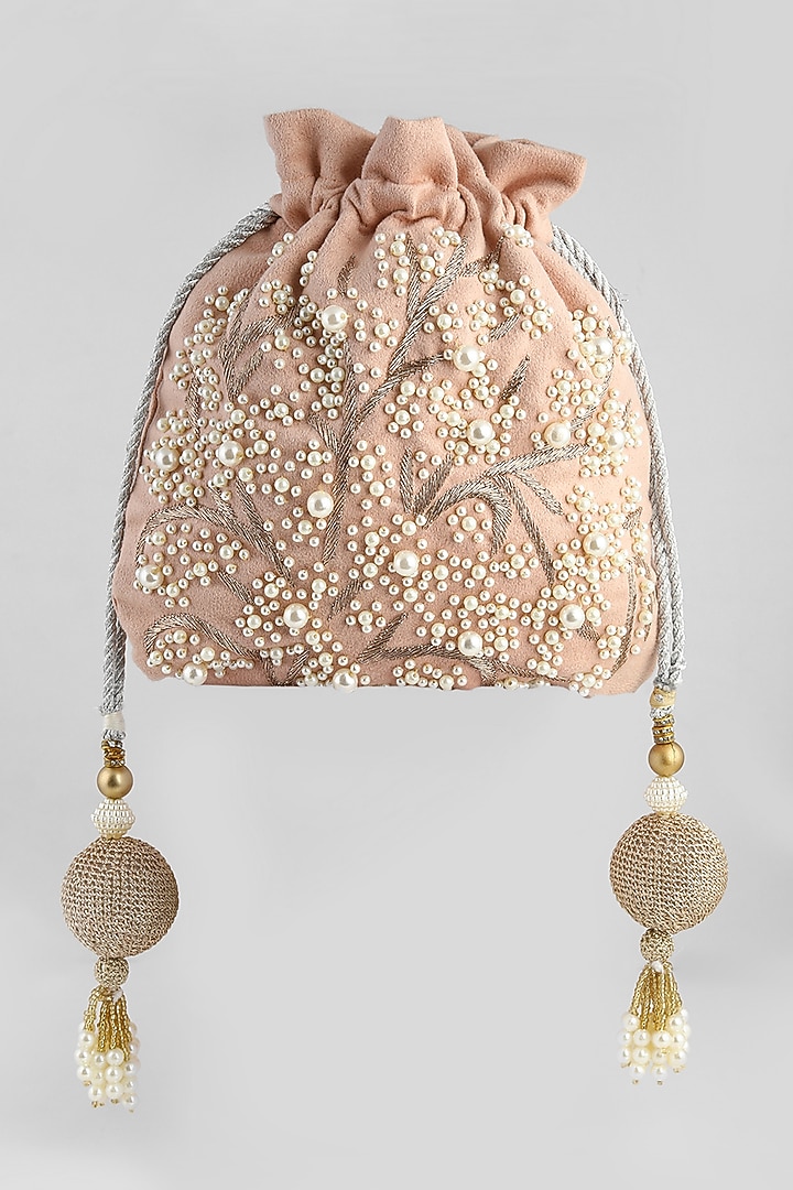 Peach Embroidered Velvet Potli by Clutch'D at Pernia's Pop Up Shop