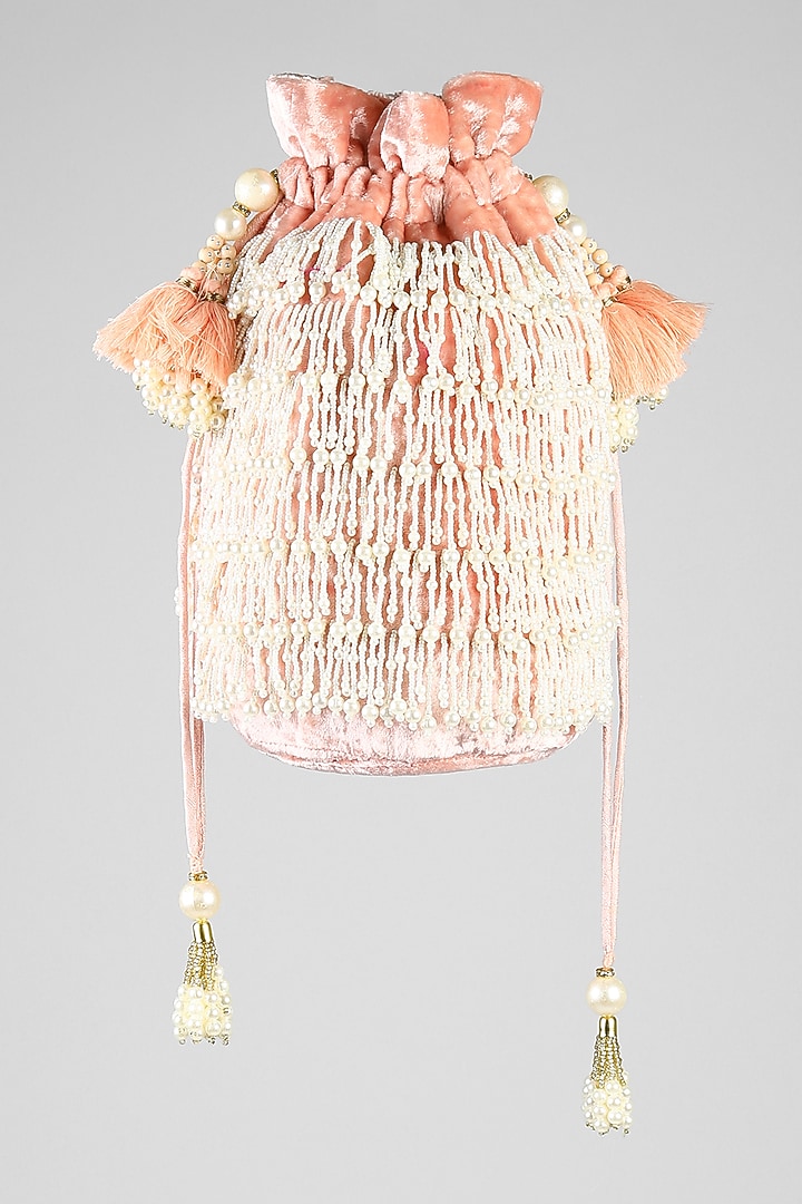 Blush Pink Embroidered Velvet Potli by Clutch'D at Pernia's Pop Up Shop