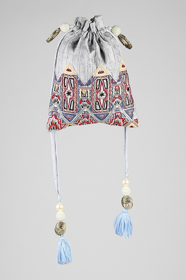Silver Grey Hand Embroidered Potli by Clutch'D at Pernia's Pop Up Shop