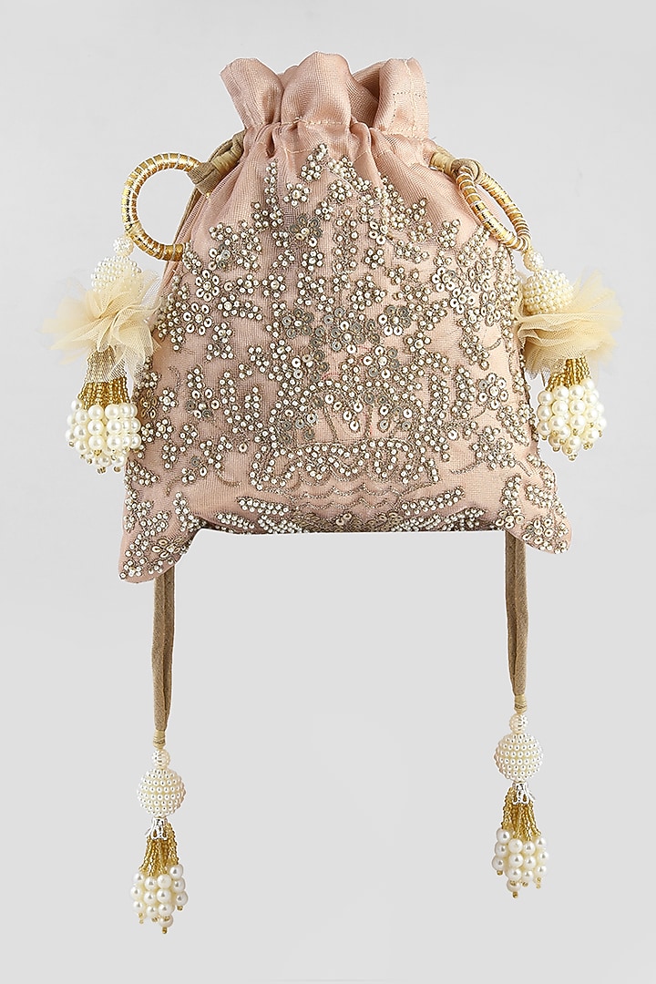 Peach Hand Embroidered Potli by Clutch'D at Pernia's Pop Up Shop