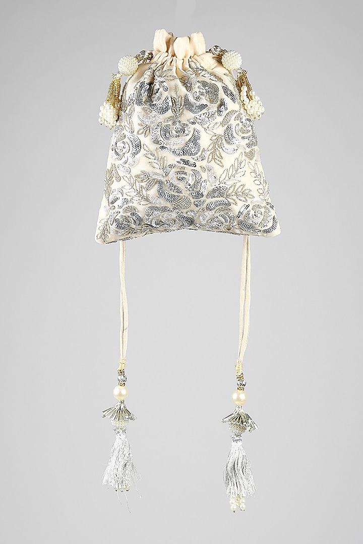 Ivory Sequins Embroidered Potli by Clutch'D at Pernia's Pop Up Shop