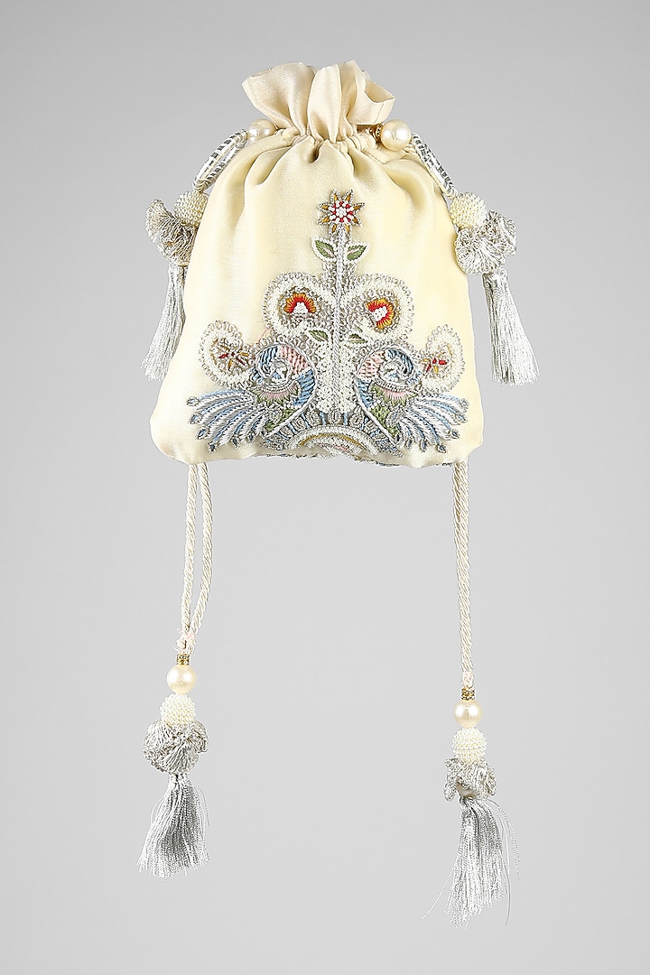 Ivory Hand Embroidered Potli by Clutch'D at Pernia's Pop Up Shop
