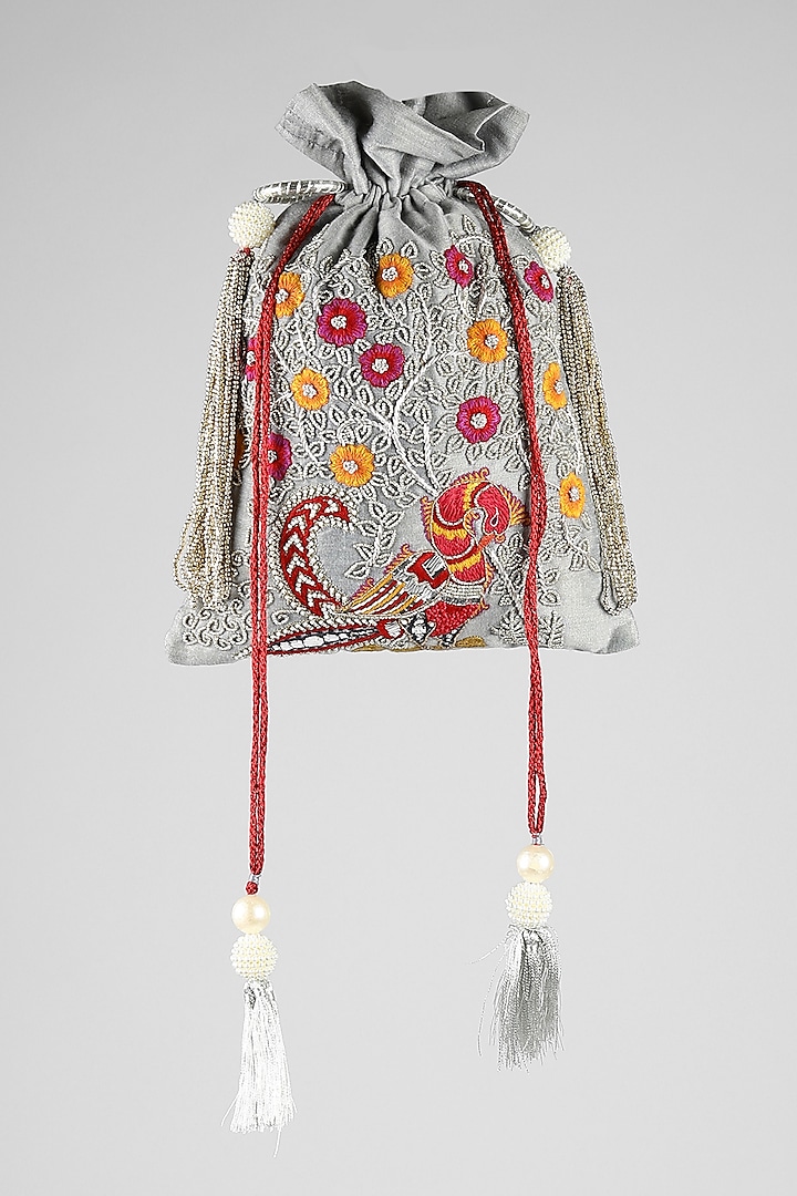 Grey Peacock Embroidered Potli by Clutch'D