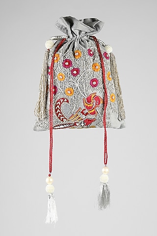 Grey Peacock Embroidered Potli by Clutch'D