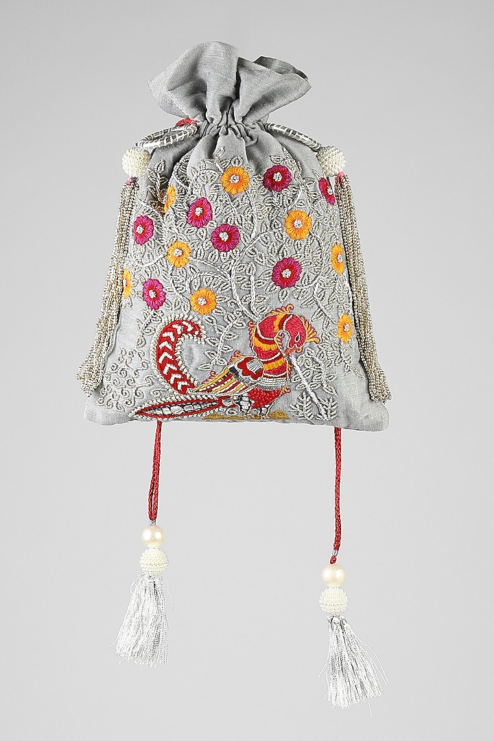 Grey Peacock Embroidered Potli by Clutch'D at Pernia's Pop Up Shop