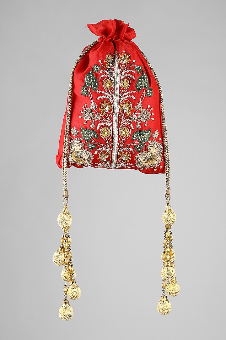 Red Floral Embroidered Potli by Clutch'D