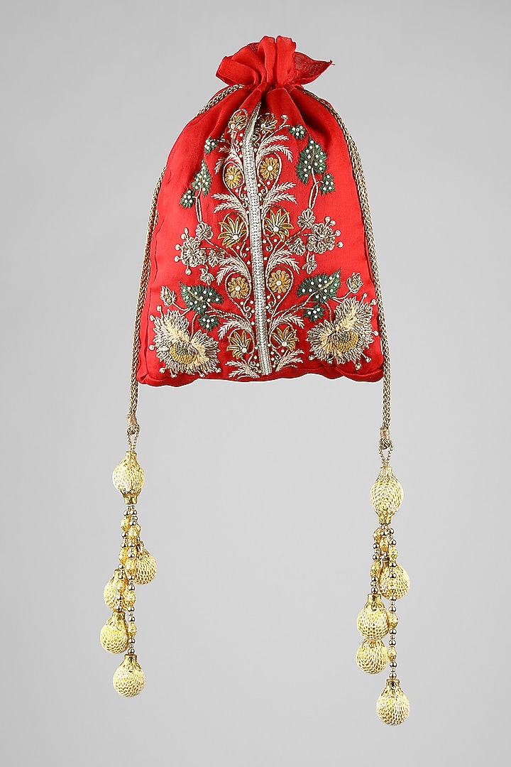 Red Floral Embroidered Potli by Clutch'D at Pernia's Pop Up Shop