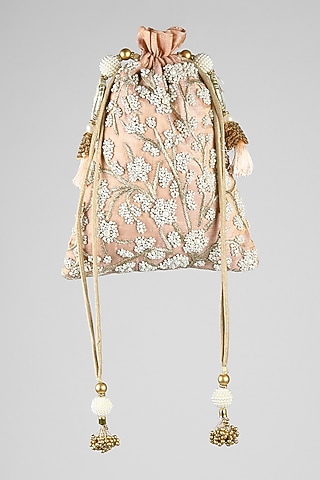 Peach Zardosi Embroidered Potli by Clutch'D