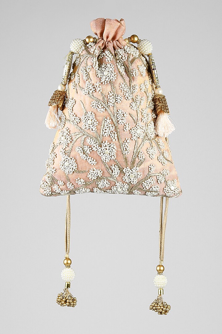 Peach Zardosi Embroidered Potli by Clutch'D at Pernia's Pop Up Shop