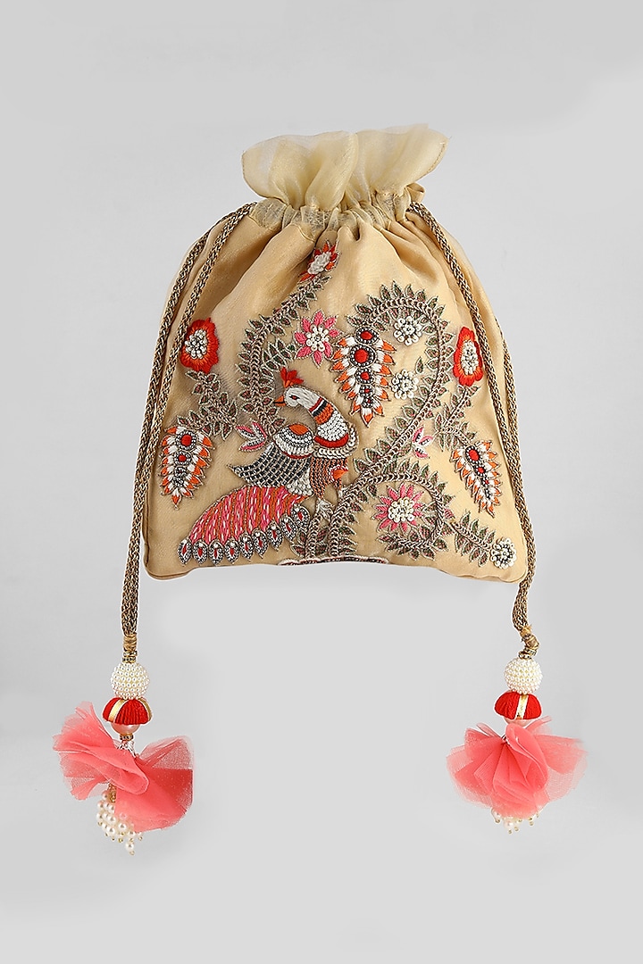 Light Gold Peacock Embroidered Potli by Clutch'D