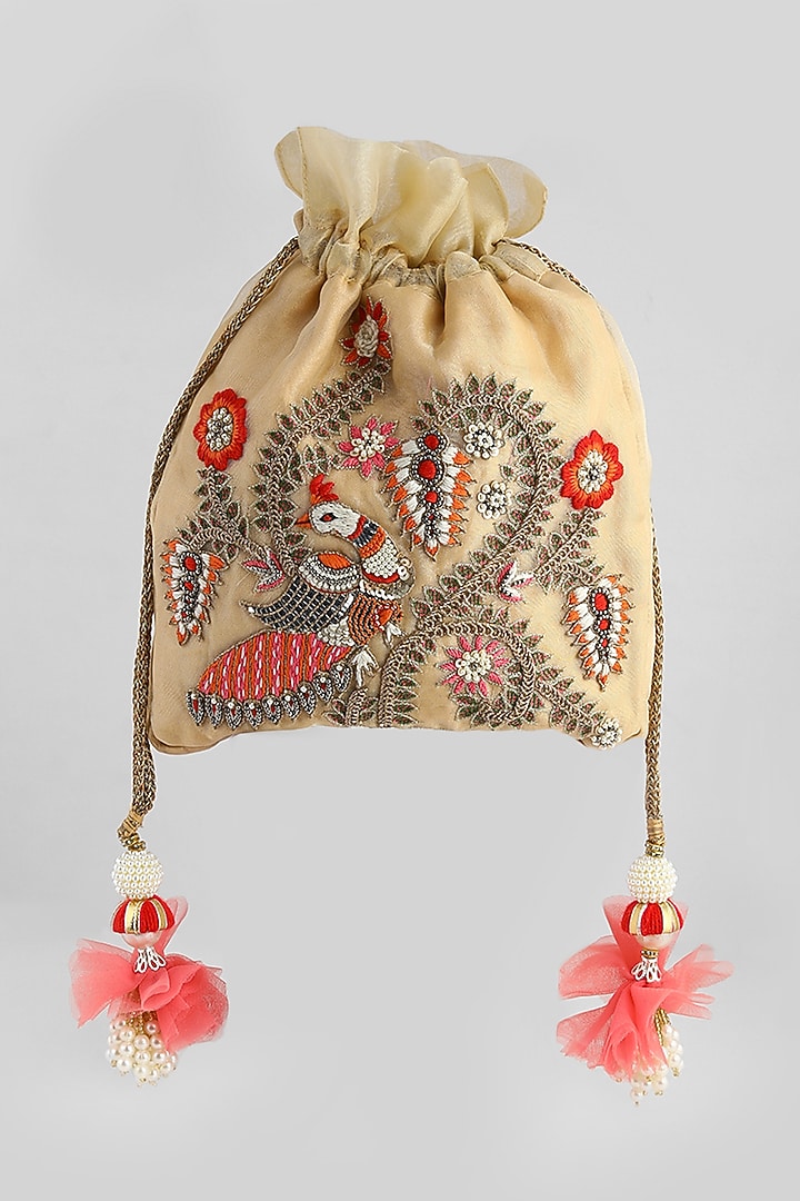 Light Gold Peacock Embroidered Potli by Clutch'D at Pernia's Pop Up Shop