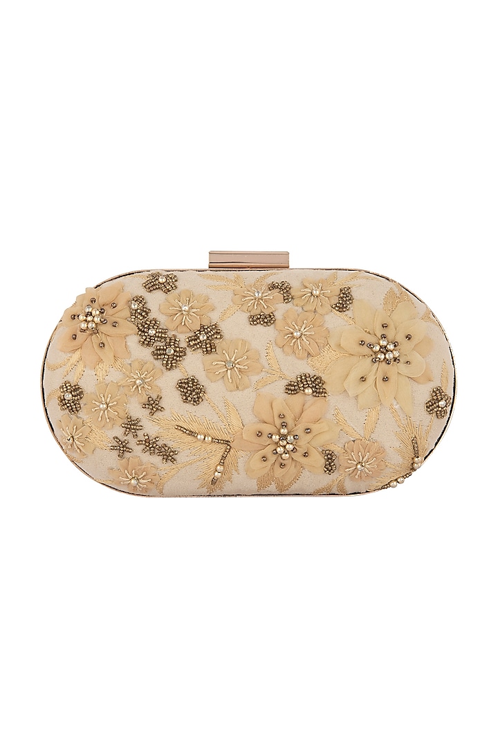 Light Gold Floral Hand Embroidered Clutch by Clutch'D