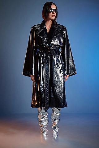 Black PU Embroidered Double-Breasted Trench Coat by CILVR