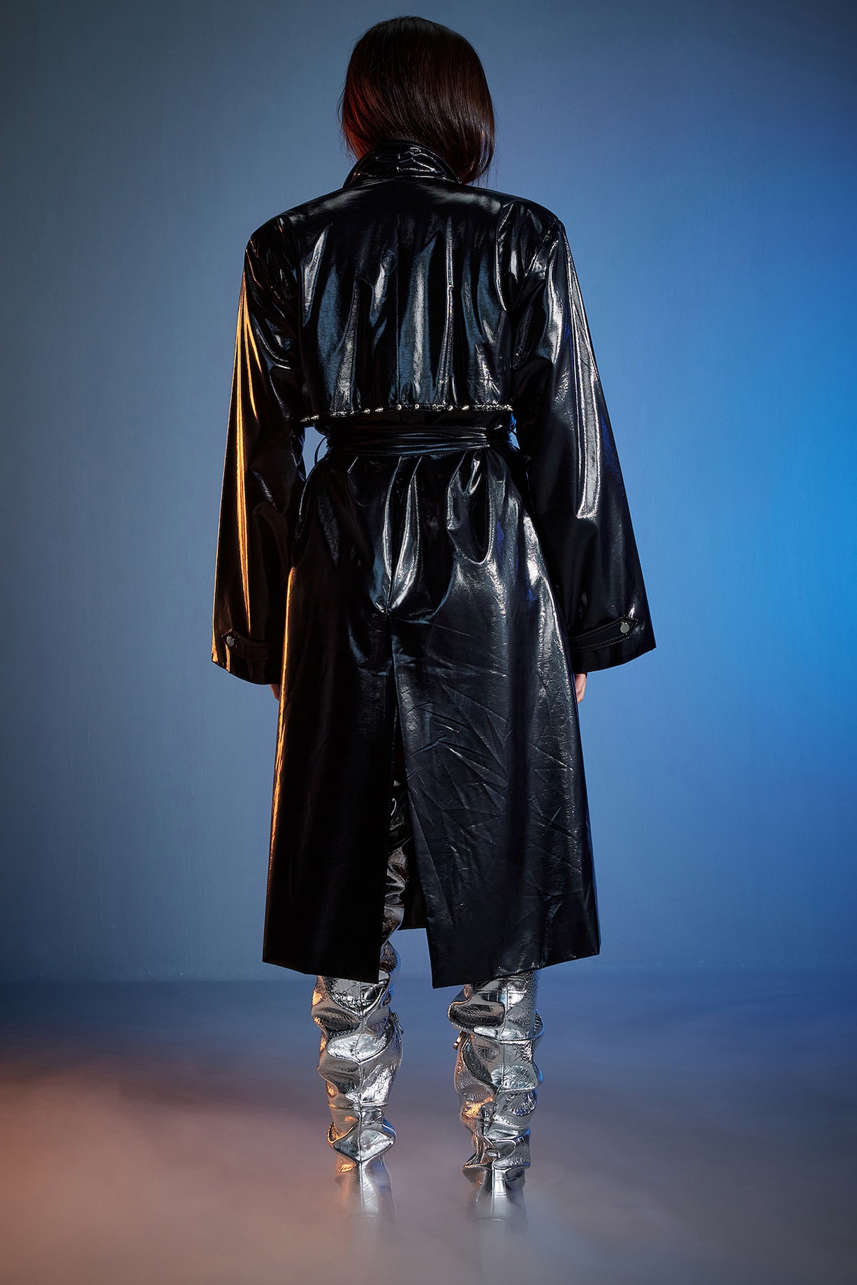 Black Patent Shiny Leather Trench Coat Black PU Embroidered