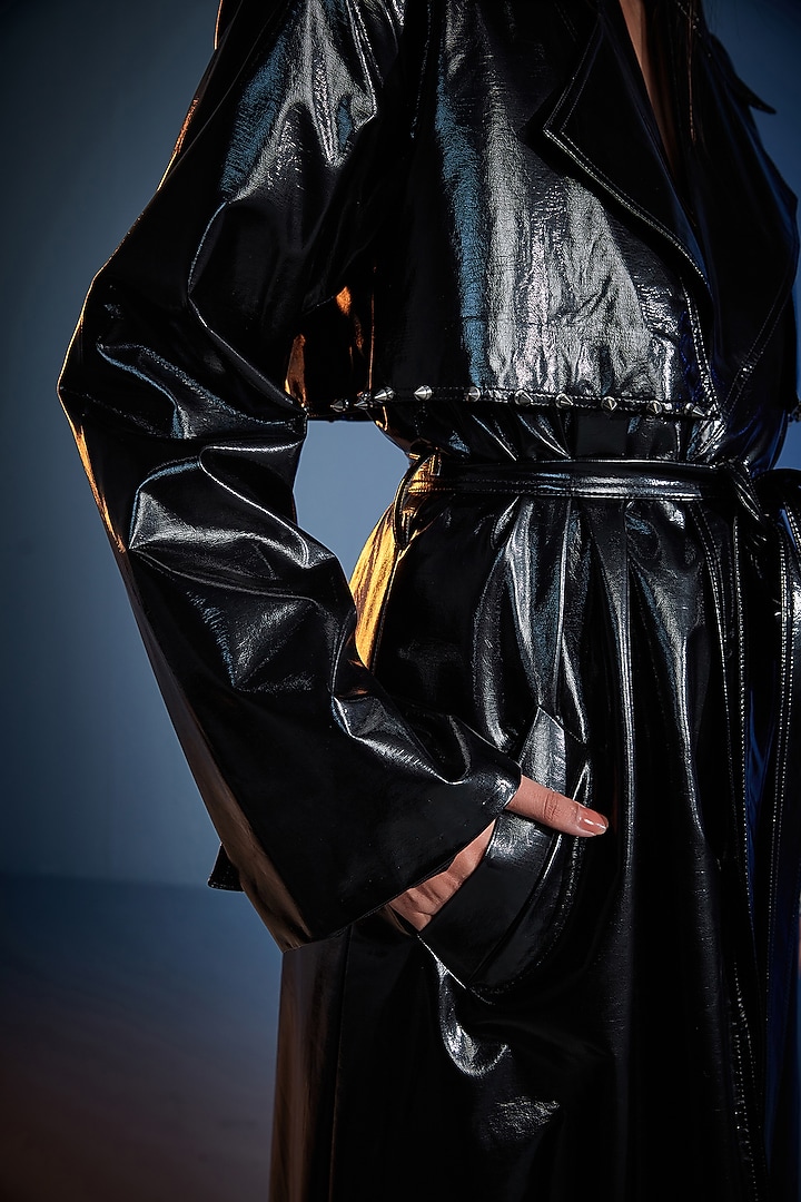 Black PU Embroidered Double-Breasted Trench Coat by CILVR at Pernia's Pop Up Shop