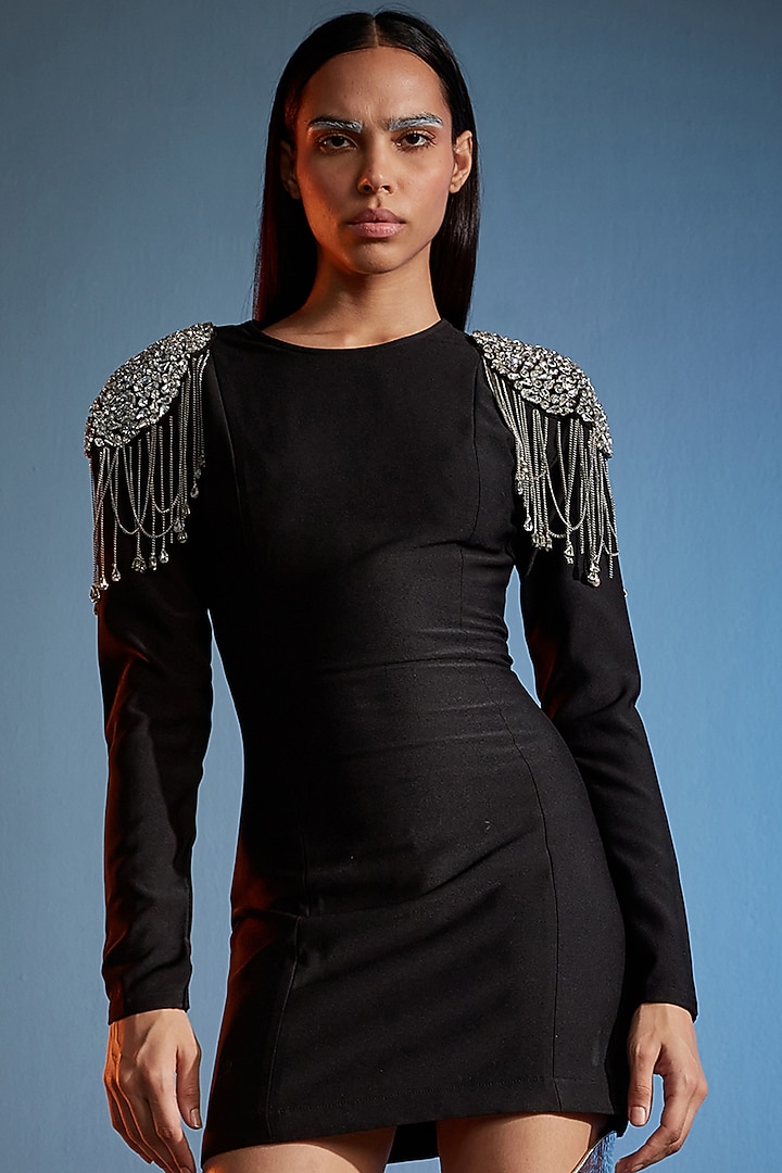 Black Crepe Blend Crystal Embellished Mini Vacation Dress by CILVR at Pernia's Pop Up Shop