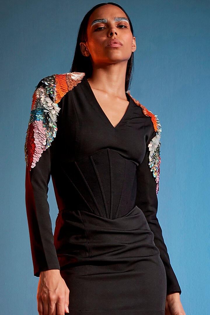 Black Crepe Blend Hand Embroidered Mini Vacation Dress by CILVR at Pernia's Pop Up Shop