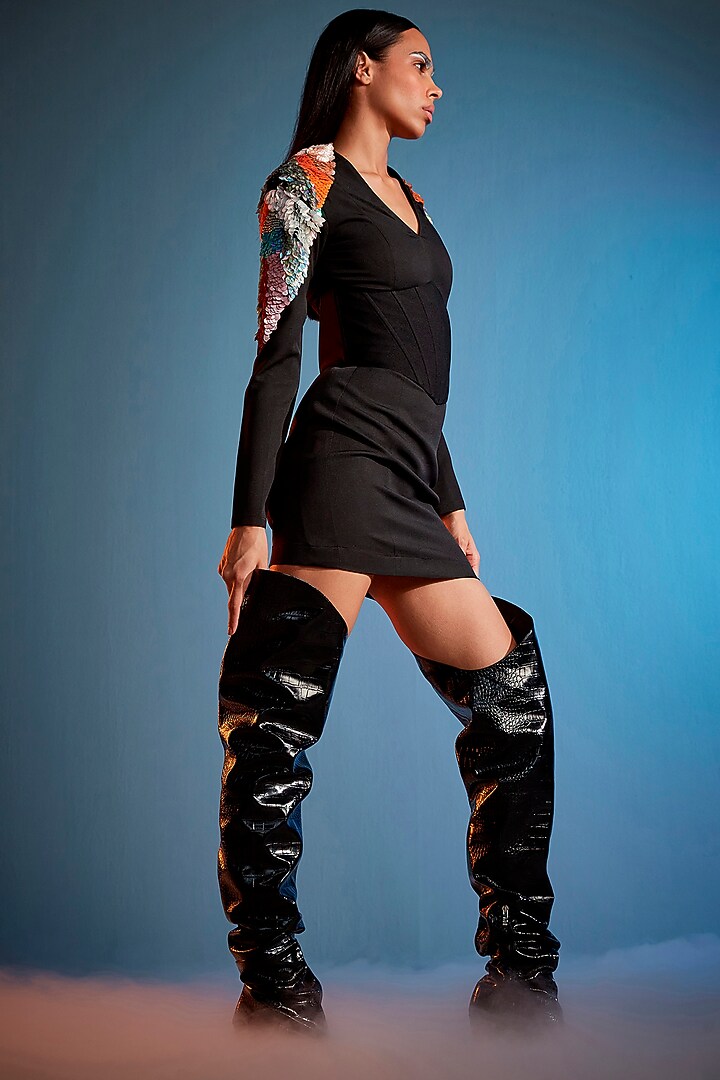 Black Crepe Blend Hand Embroidered Mini Vacation Dress by CILVR at Pernia's Pop Up Shop