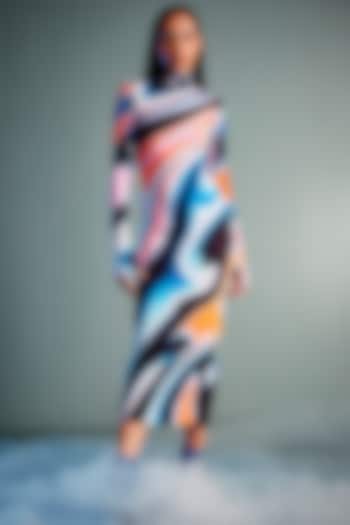 Multi-Colored Polyester & Elastane Printed Bodycon Maxi Dress by CILVR