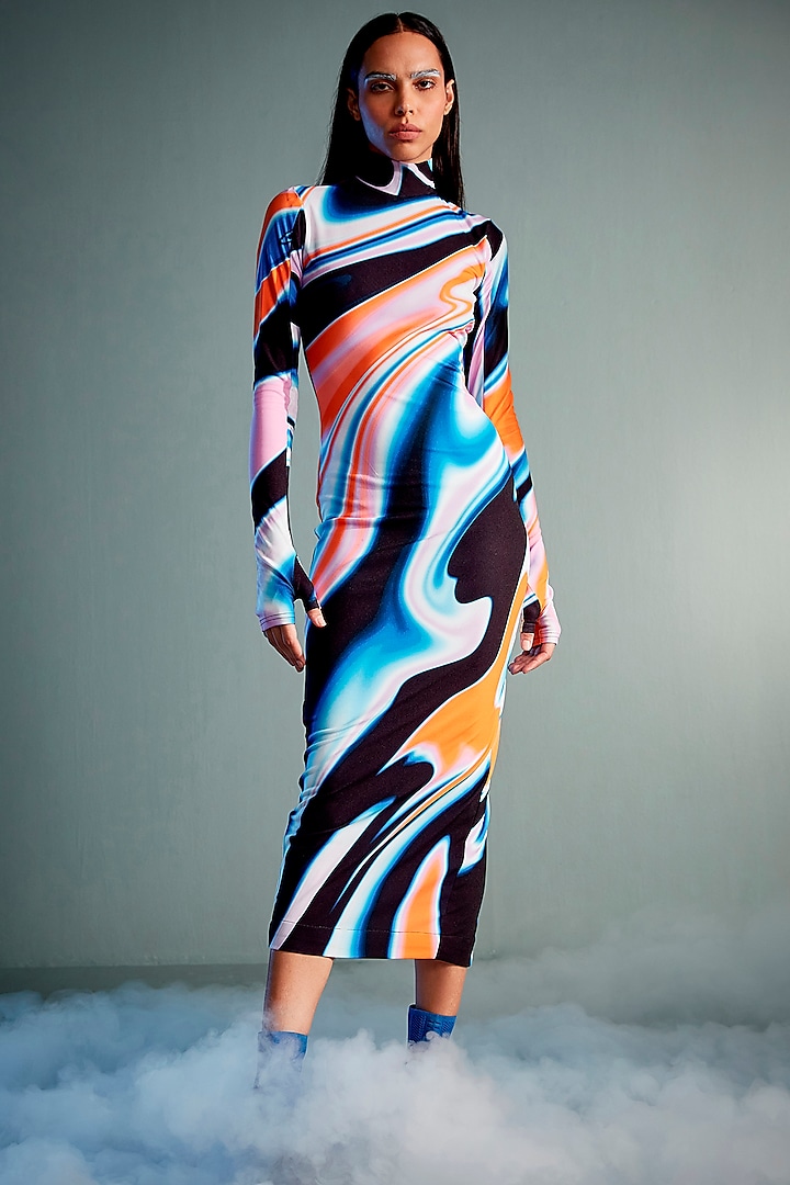 Multi-Colored Polyester & Elastane Printed Bodycon Maxi Dress by CILVR