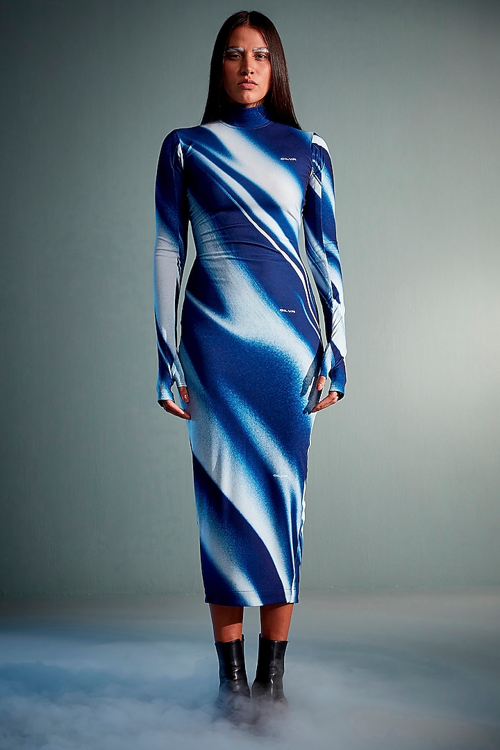 Blue Polyester & Elastane Printed Bodycon Maxi Dress by CILVR at Pernia's Pop Up Shop