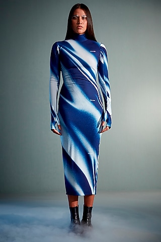 Blue Polyester & Elastane Printed Bodycon Maxi Dress by CILVR
