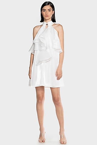 White Viscose Ruffled Mini Dress by CILVR