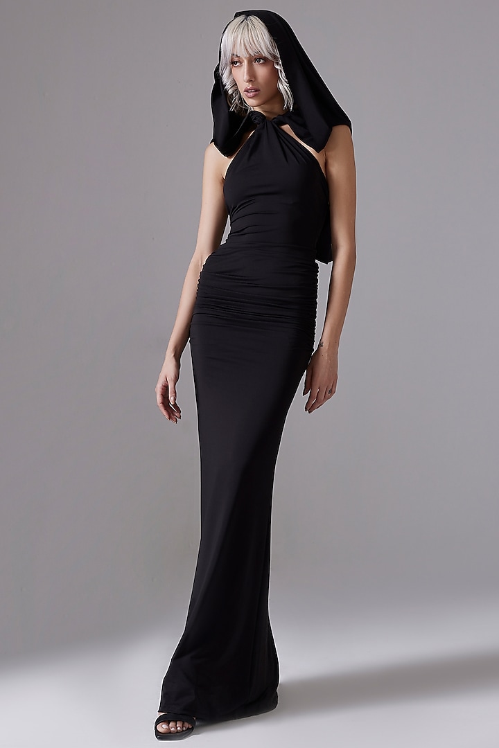 Black Polyester & Spandex Ruched Maxi Dress by CILVR