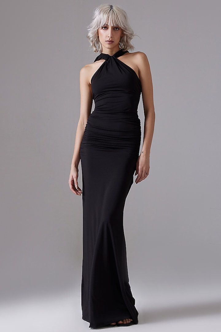 Black Polyester & Spandex Ruched Maxi Vacation Dress by CILVR at Pernia's Pop Up Shop