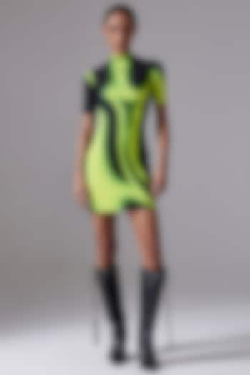 Acid Green Polyester & Spandex Printed Mini Dress by CILVR