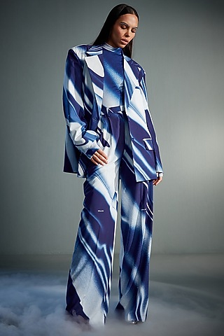 Blue Crepe Blend Printed Blazer Set by CILVR