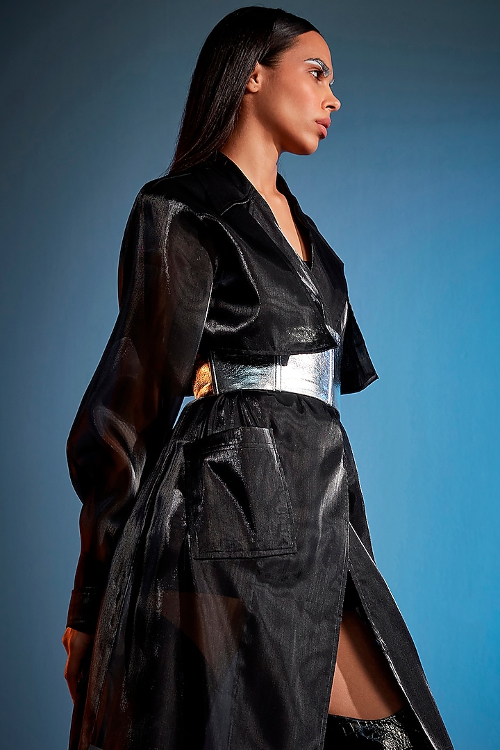 Black Viscose Double-Breasted Trench Coat by CILVR at Pernia's Pop Up Shop