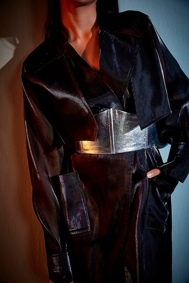 Black Viscose Double-Breasted Trench Coat by CILVR at Pernia's Pop Up Shop