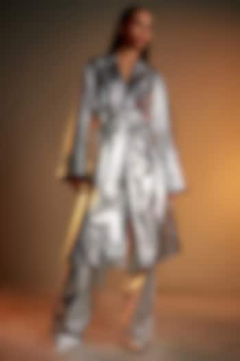 Silver PU Double-Breasted Trench Coat by CILVR at Pernia's Pop Up Shop