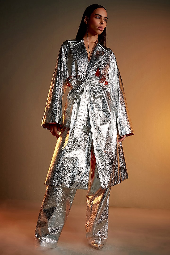 Silver PU Double-Breasted Trench Coat by CILVR at Pernia's Pop Up Shop