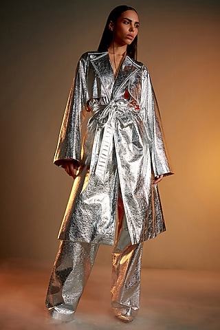 Silver PU Double-Breasted Trench Coat by CILVR