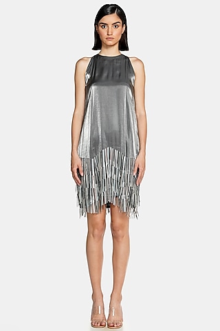 Grey Viscose & Cotton Hand Embroidered Mini Dress by CILVR