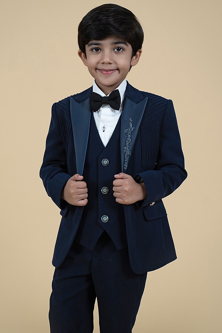 Navy Blue Sandwash & Cotton Tuxedo Set For Boys by Little Boys Closet at Pernia's Pop Up Shop