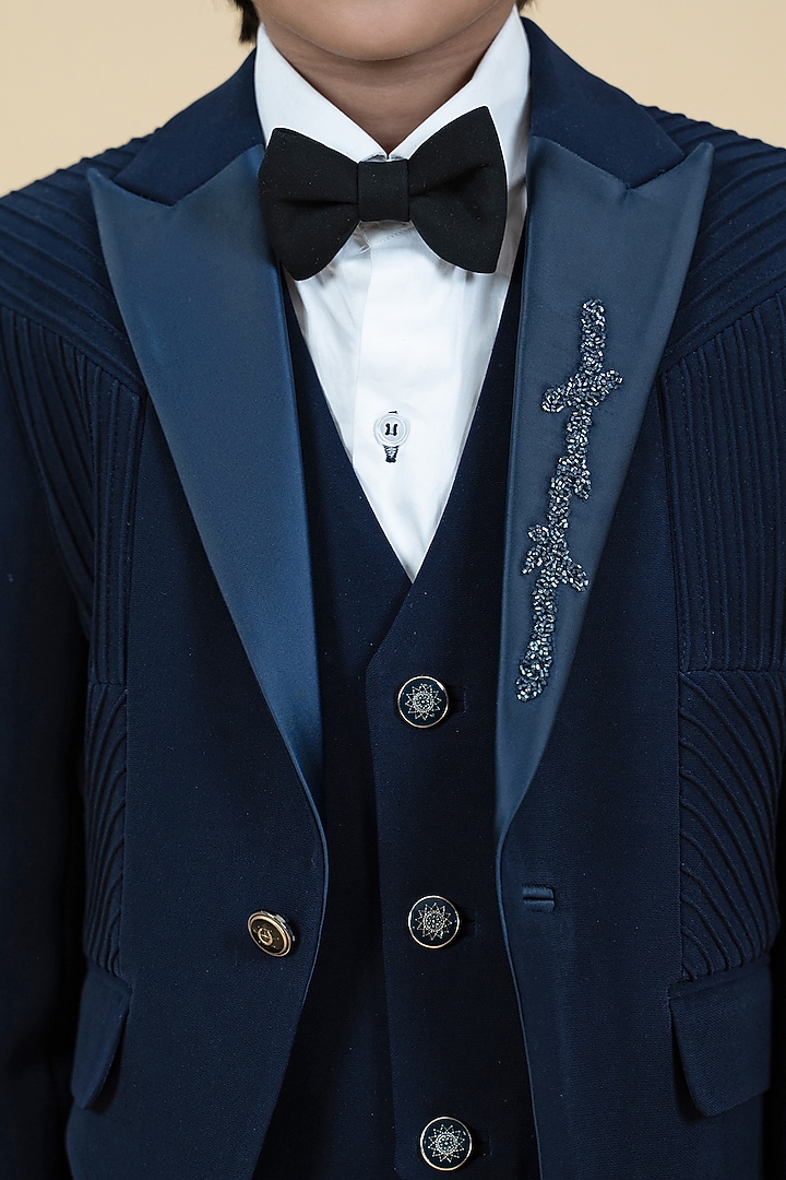 Navy Blue Sandwash & Cotton Tuxedo Set For Boys by Little Boys Closet at Pernia's Pop Up Shop
