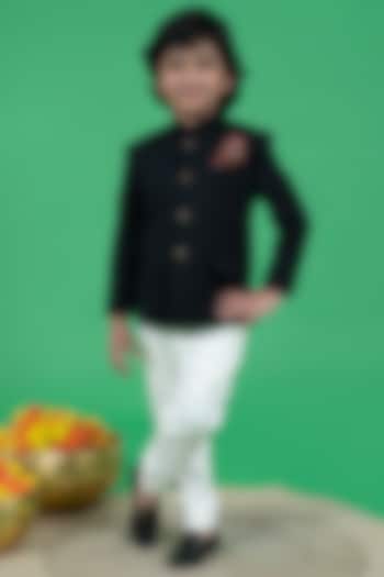 Black Textured Fabric Bandhgala Jacket Set For Boys by Little Boys Closet