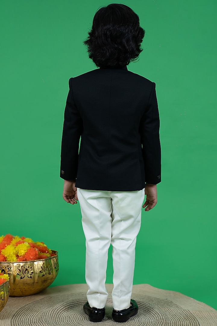 Black Textured Fabric Bandhgala Jacket Set For Boys by Little Boys Closet at Pernia's Pop Up Shop