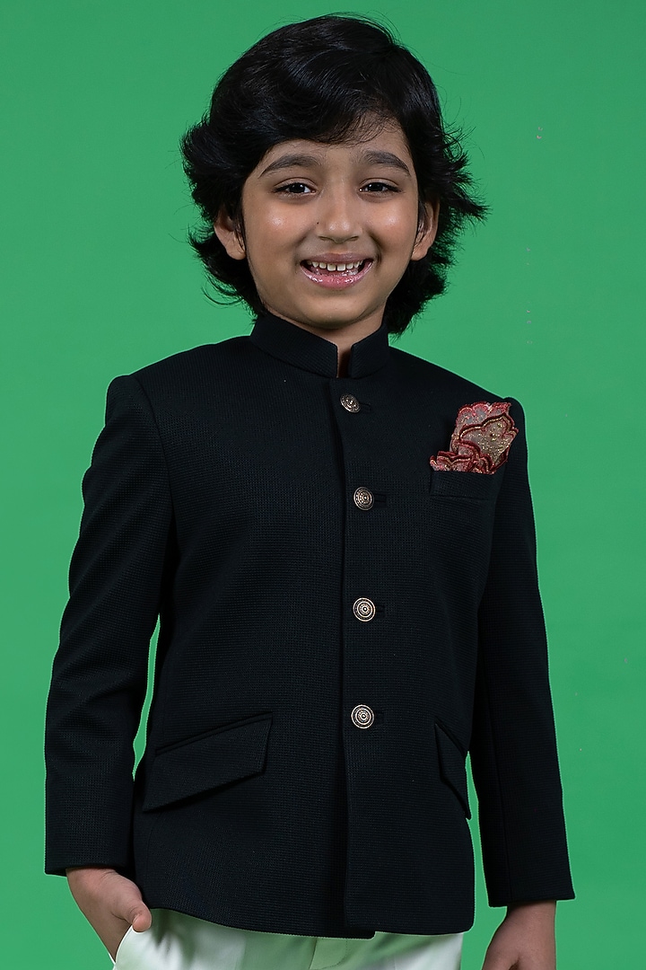 Black Textured Fabric Bandhgala Jacket Set For Boys by Little Boys Closet at Pernia's Pop Up Shop